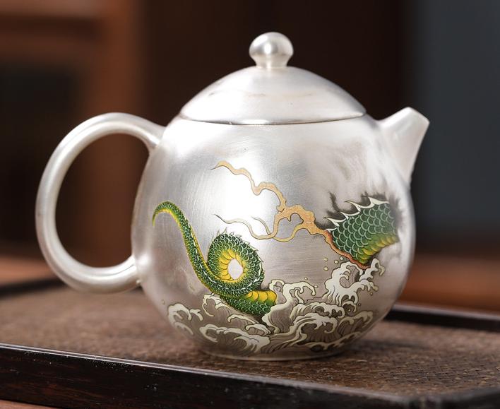 Handcrafted 999 Sterling Silver Tea Set: Dragon Ceramic Inlay
