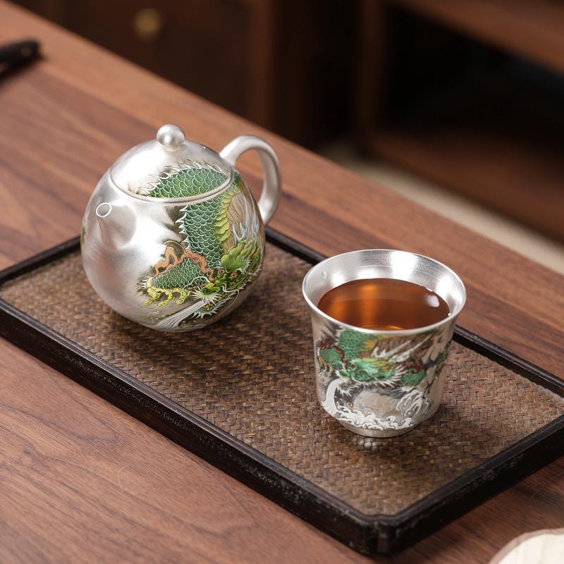 Handcrafted 999 Sterling Silver Tea Set: Dragon Ceramic Inlay