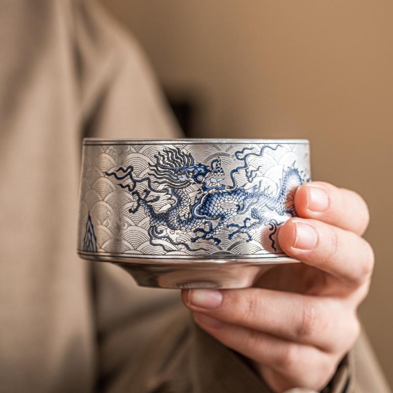 Silver-glazed blue-and-white porcelain with dragon motifs