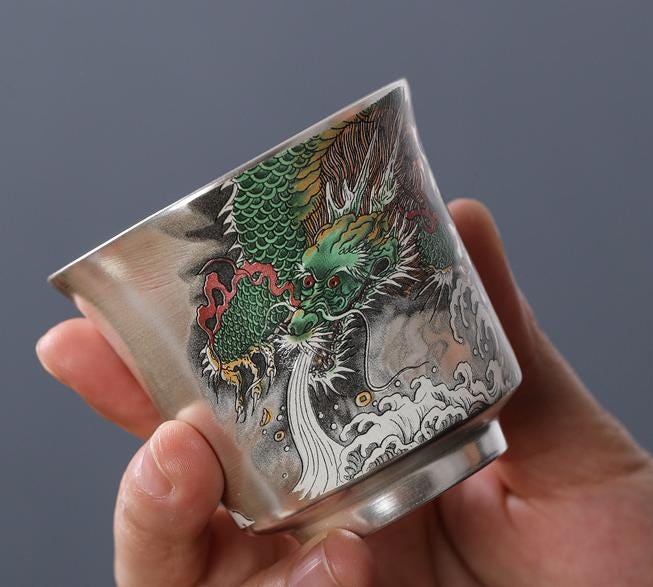Handcrafted 999 Sterling Silver Tea Set: Dragon Ceramic Inlay
