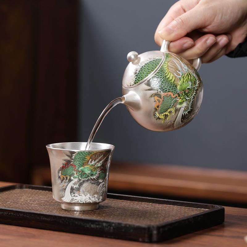 Handcrafted 999 Sterling Silver Tea Set: Dragon Ceramic Inlay