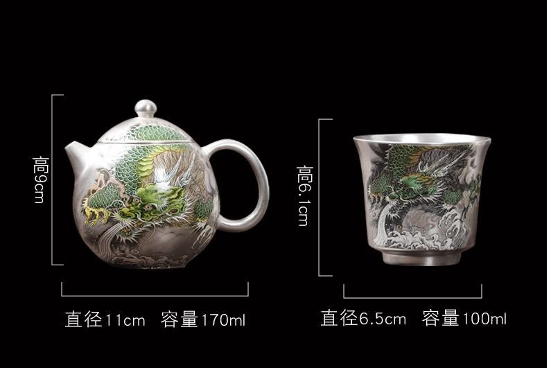 Handcrafted 999 Sterling Silver Tea Set: Dragon Ceramic Inlay