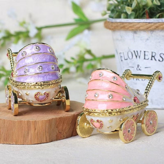 Handmade enamel jewelry box, cute baby stroller