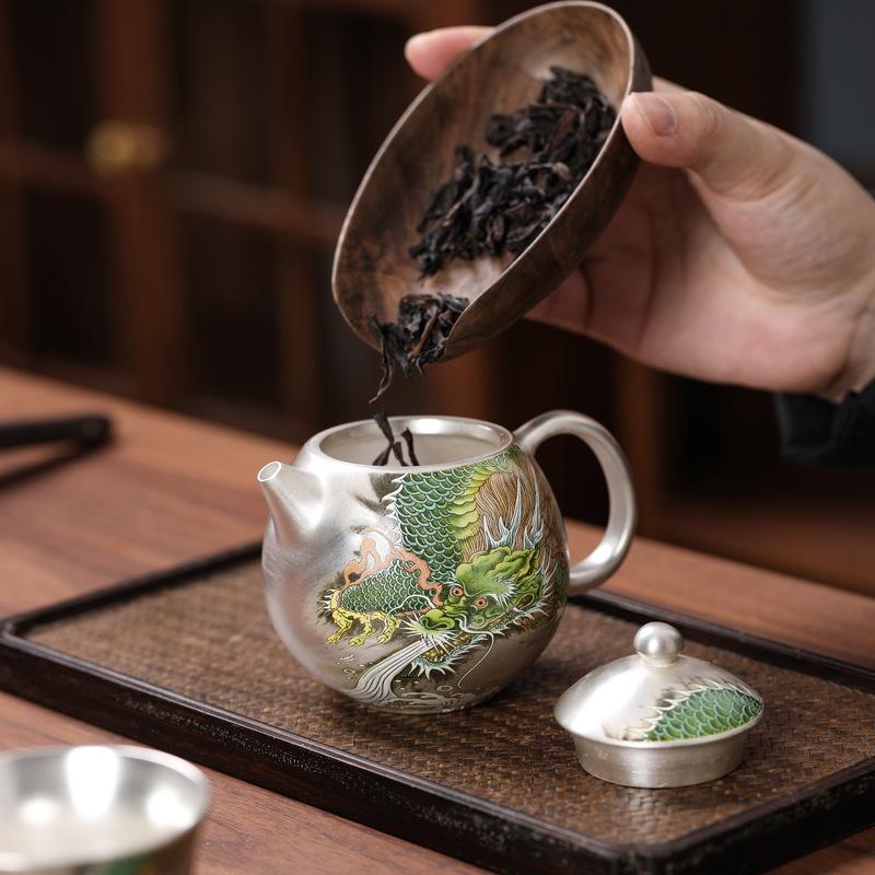 Handcrafted 999 Sterling Silver Tea Set: Dragon Ceramic Inlay