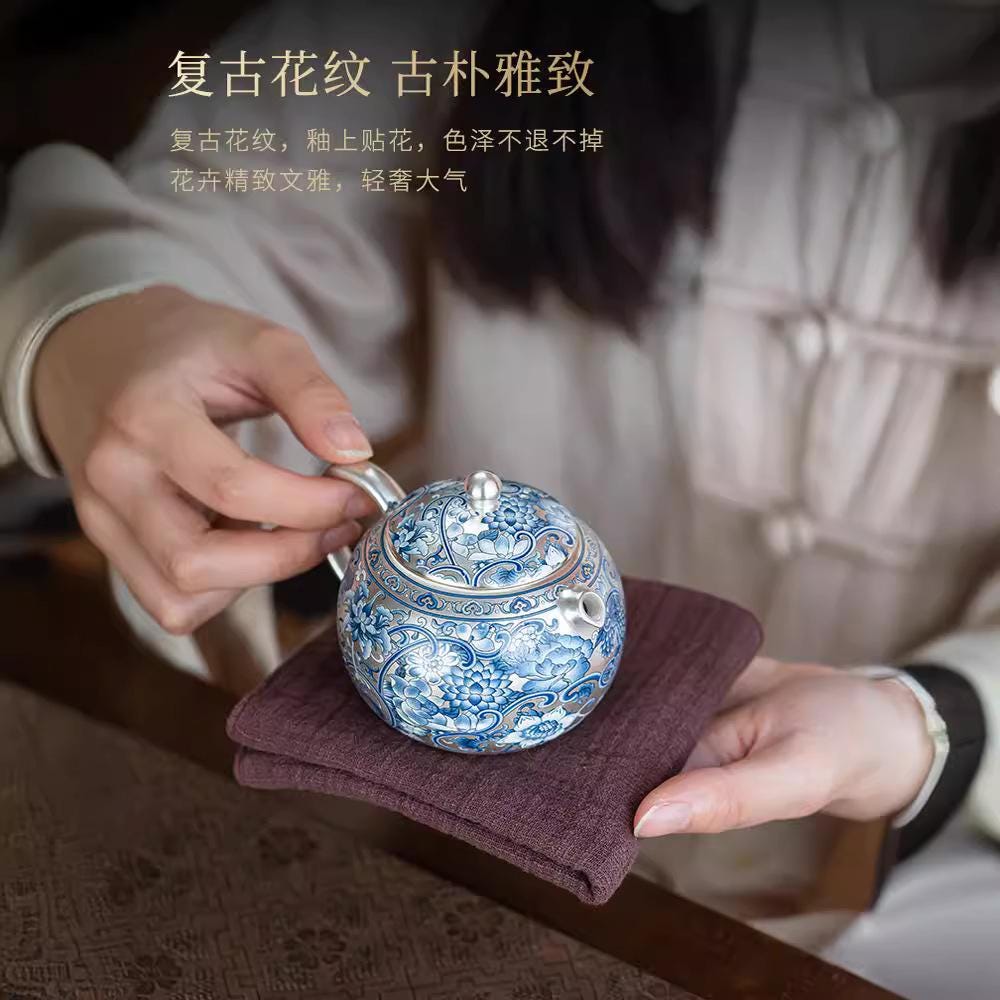 Silver-Plated Blue-and-White Kung Fu Tea Set Silver Teapot with Two Cups Chinese Vintage Style