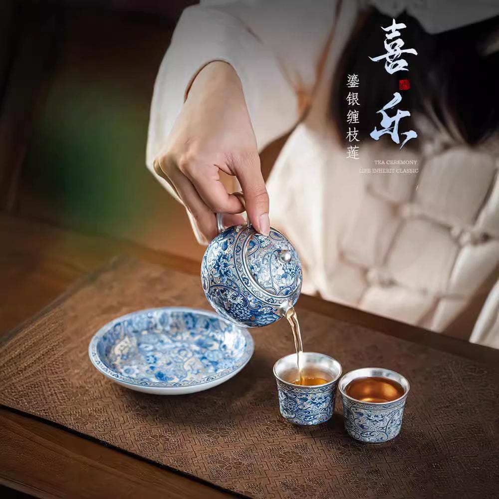 Silver-Plated Blue-and-White Kung Fu Tea Set Silver Teapot with Two Cups Chinese Vintage Style
