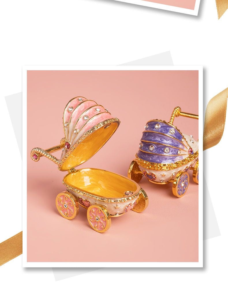 Handmade enamel jewelry box, cute baby stroller