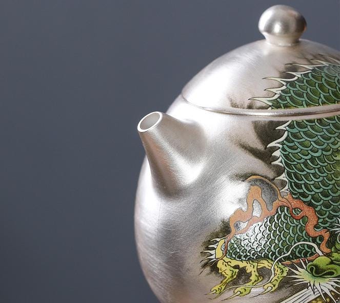 Handcrafted 999 Sterling Silver Tea Set: Dragon Ceramic Inlay