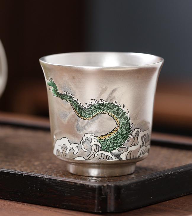Handcrafted 999 Sterling Silver Tea Set: Dragon Ceramic Inlay