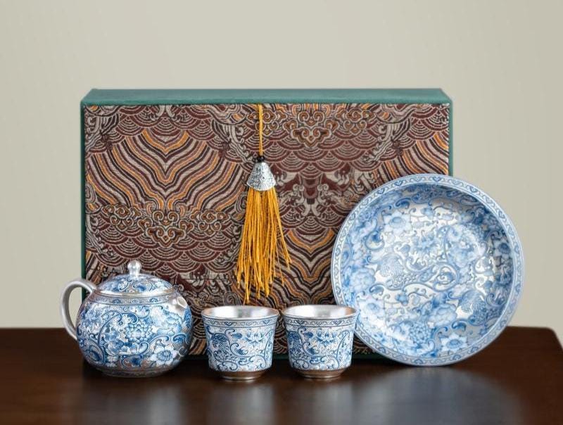 Silver-Plated Blue-and-White Kung Fu Tea Set Silver Teapot with Two Cups Chinese Vintage Style