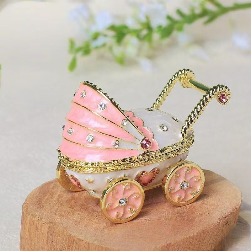 Handmade enamel jewelry box, cute baby stroller