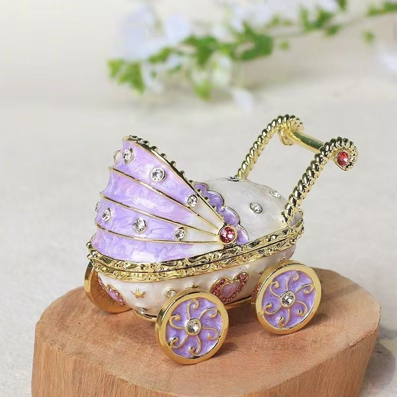 Handmade enamel jewelry box, cute baby stroller