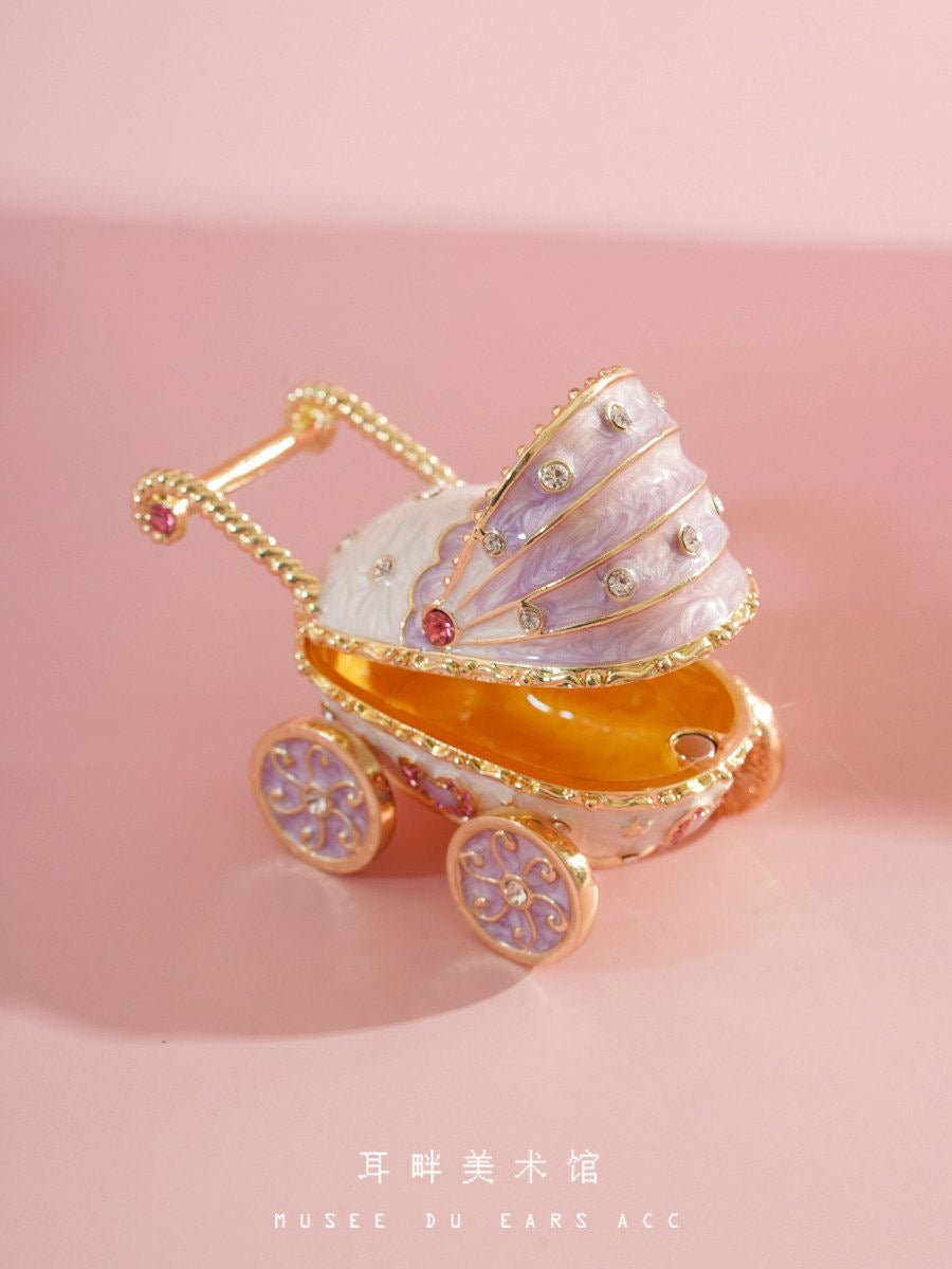 Handmade enamel jewelry box, cute baby stroller