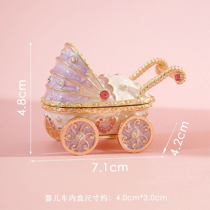 Handmade enamel jewelry box, cute baby stroller