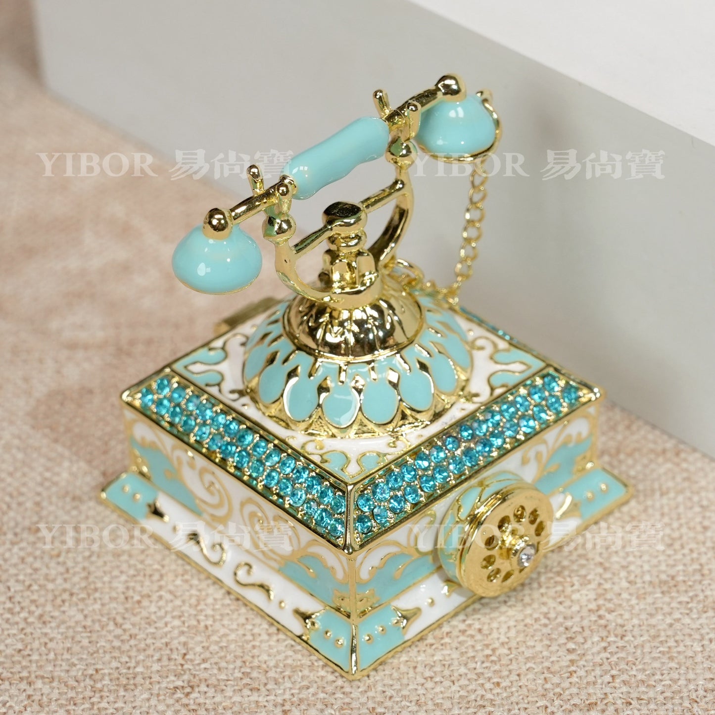 Vintage Turquoise Enamel Telephone Jewelry Box