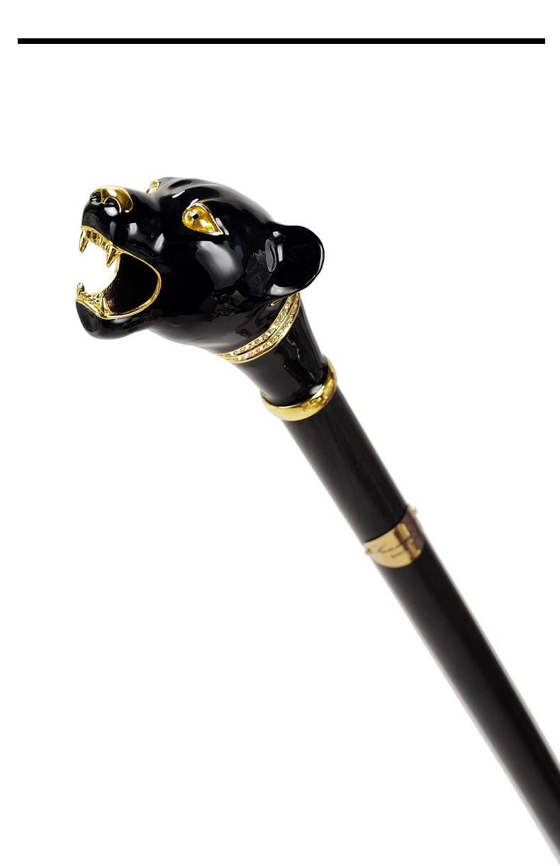 Enamel-painted Black Panther Walking Stick Ebony Solid Wood Gentleman's Cane