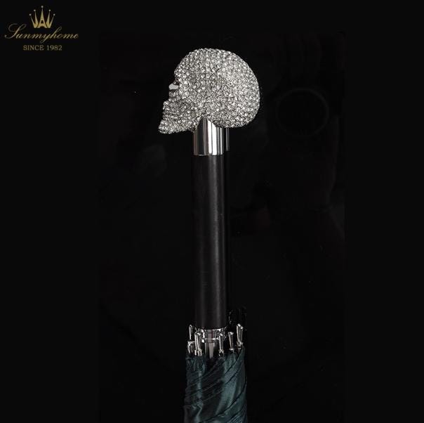 Diamond-Studded Skull Umbrella, Ebony Handle - Luxury Windproof Umbrella