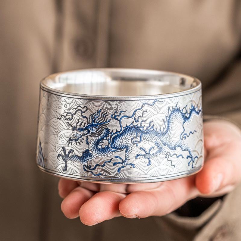 Silver-glazed blue-and-white porcelain with dragon motifs