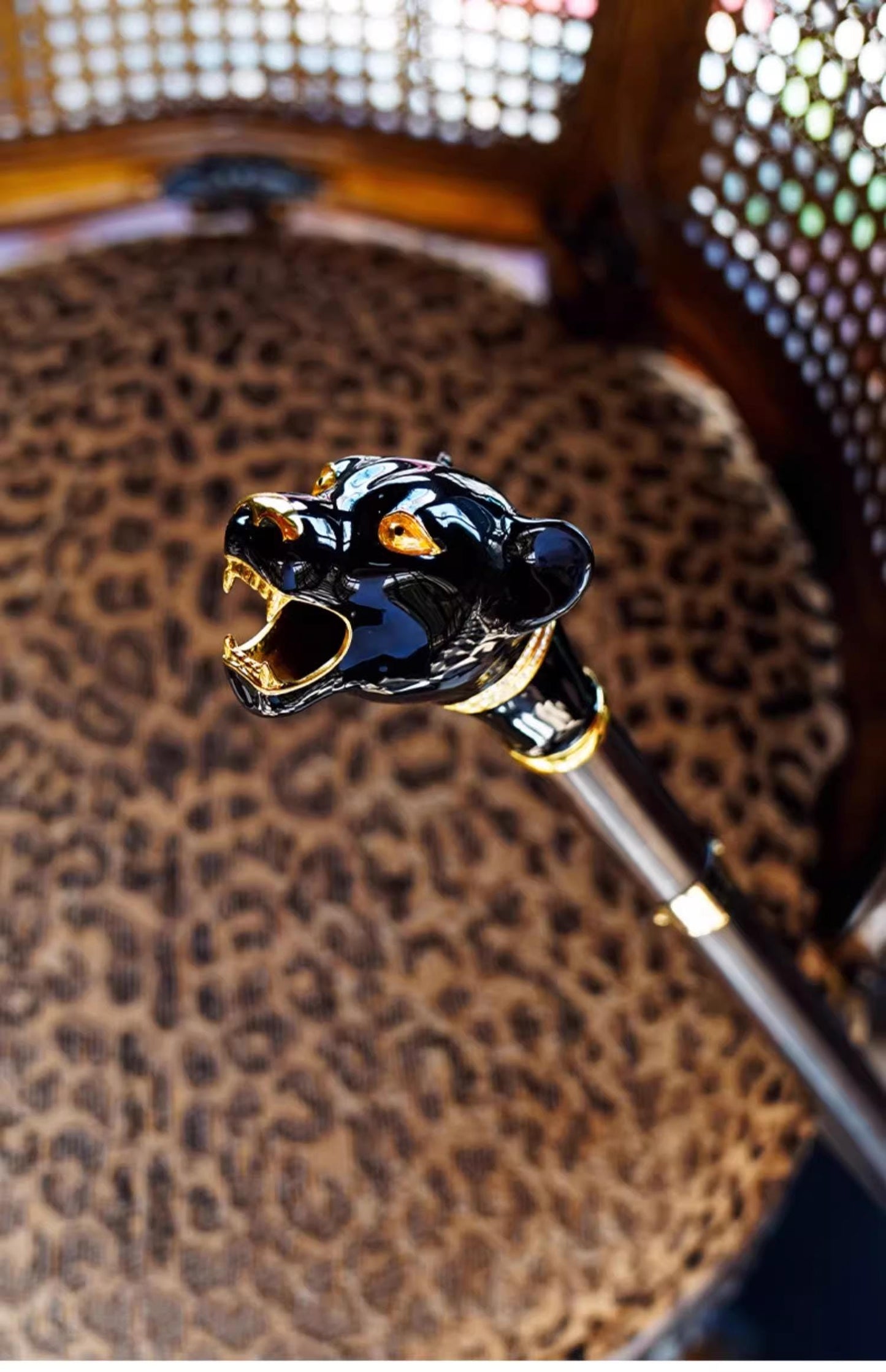 Enamel-painted Black Panther Walking Stick Ebony Solid Wood Gentleman's Cane