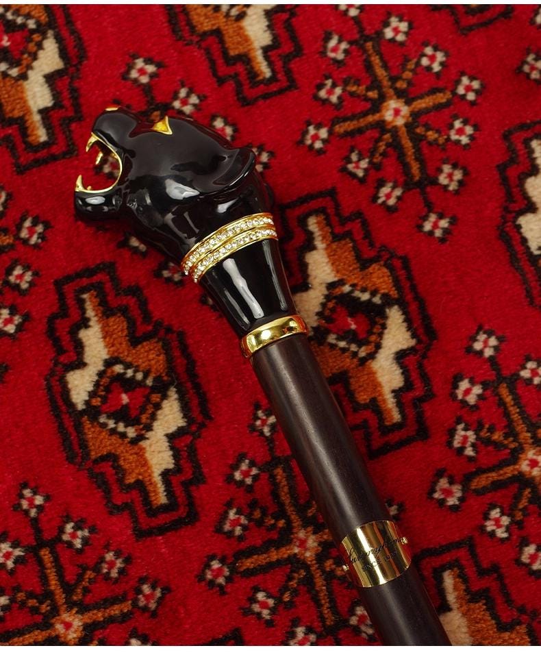 Enamel-painted Black Panther Walking Stick Ebony Solid Wood Gentleman's Cane